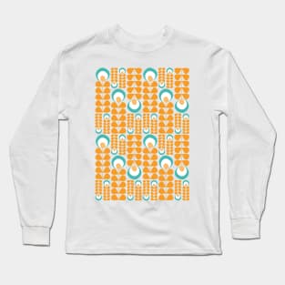 Orange, Aqua, Teal Mid Mod Flowers Pattern Long Sleeve T-Shirt